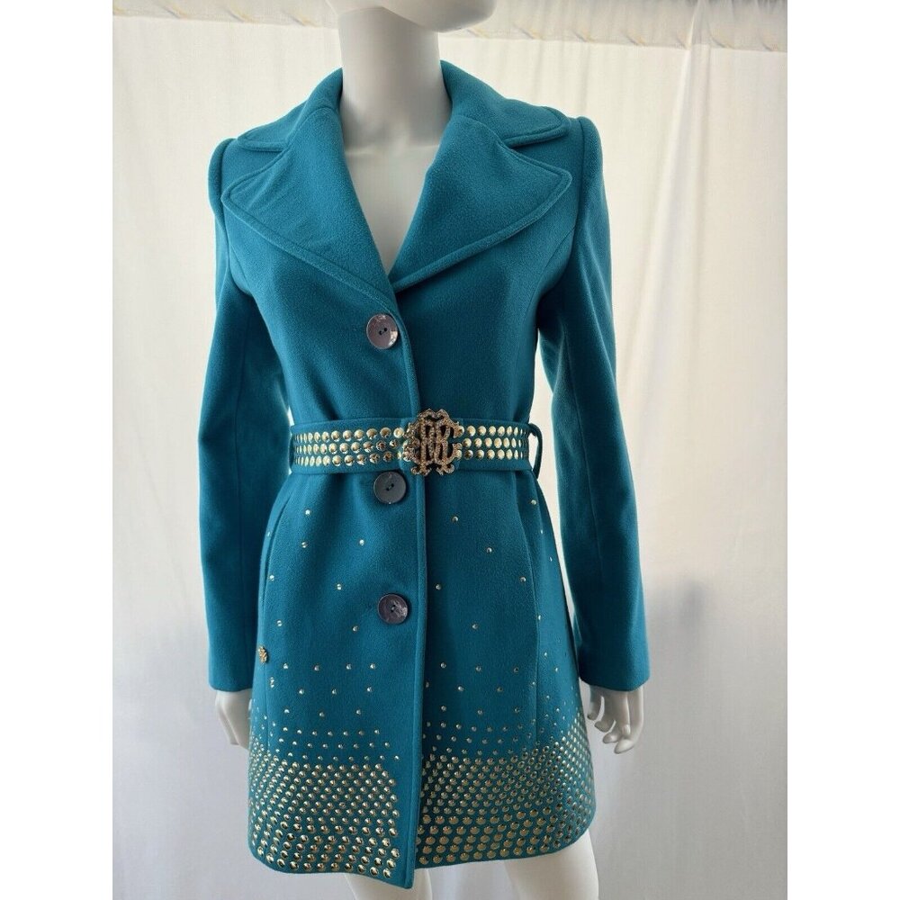 Roberto Cavalli Women's Trench Coat Belt Logo Green MADE IN ITALY S